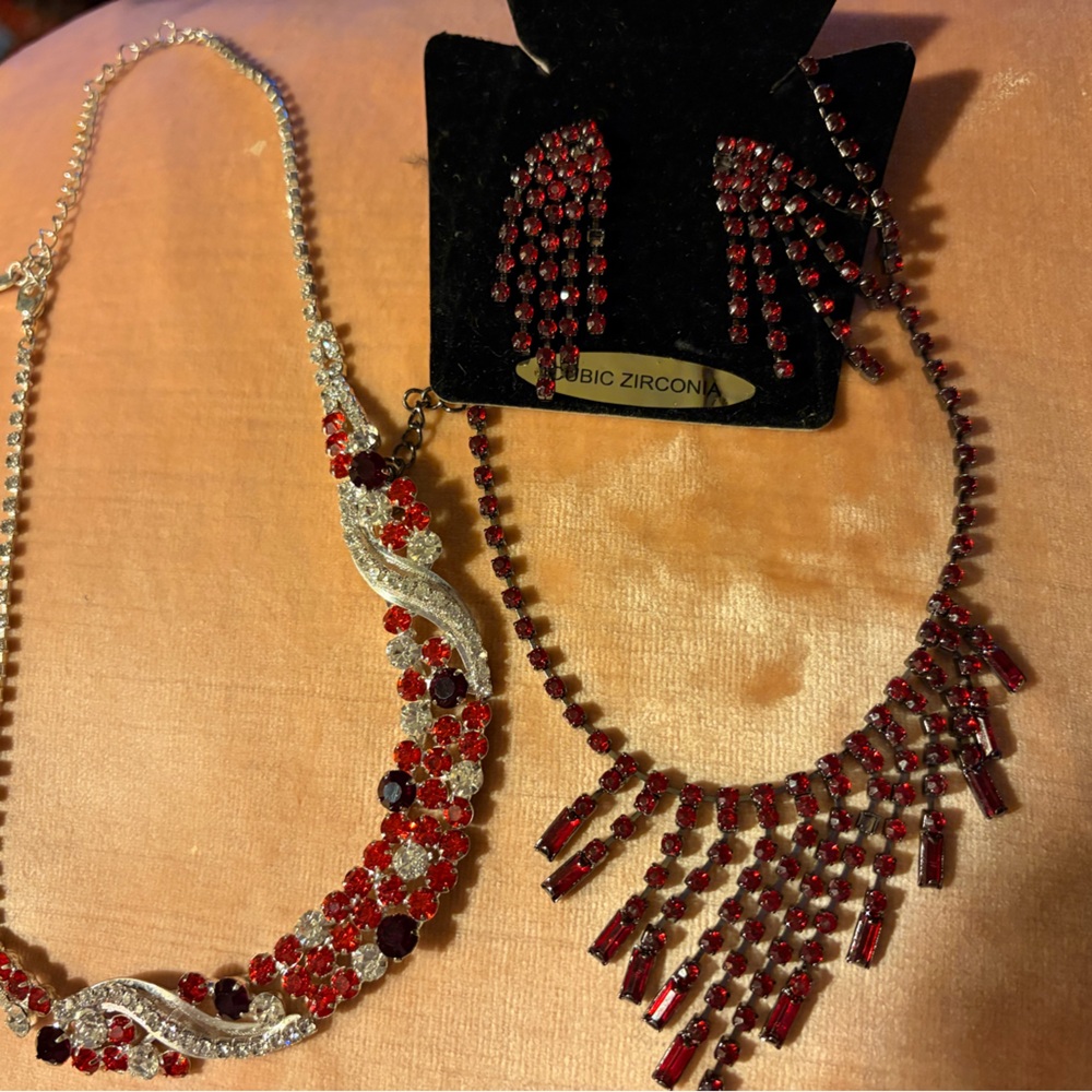 Elegant Red and Silver Necklace and Earring Set, + red necklace- statement